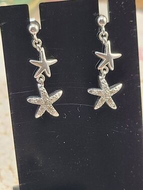 Sterling Silver Star Dangle Earrings 925 Double Drop Celestial 1.5" NWOT